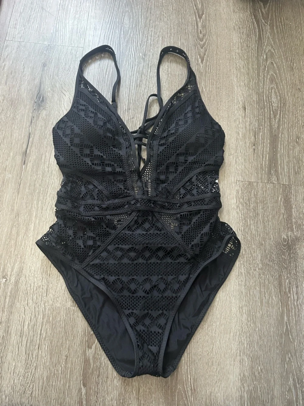 NWT Color Play One-Piece Swimsuit by Rebecca Virtue black Large Plunging V-Neck